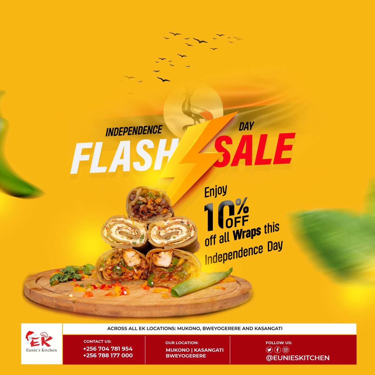 Happy #IndependenceDay good people. What a better way to celebrate!

Enjoy 10% off all Wraps this Independence Day.

Visit us today; 
👉Kasangati: 0704781954  
👉Mukono: 0788177000 
👉Bweyogerere: 0702570042

#Ugandafoods