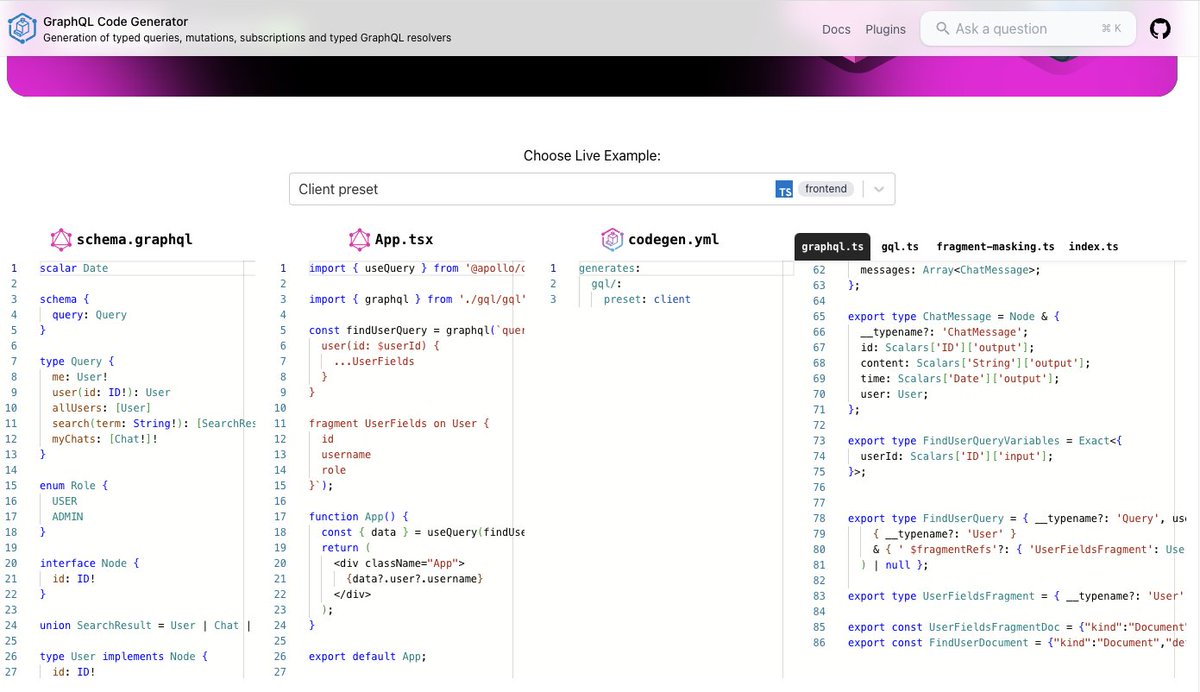 ankurkumarz's tweet image. That's a beautiful webapp to generate GraphQL code instantly:
Generate code from your GraphQL schema and GraphQL operations with a single function call regardless of your environment or code format.
#GraphQL #CodeGenerator
the-guild.dev/graphql/codegen