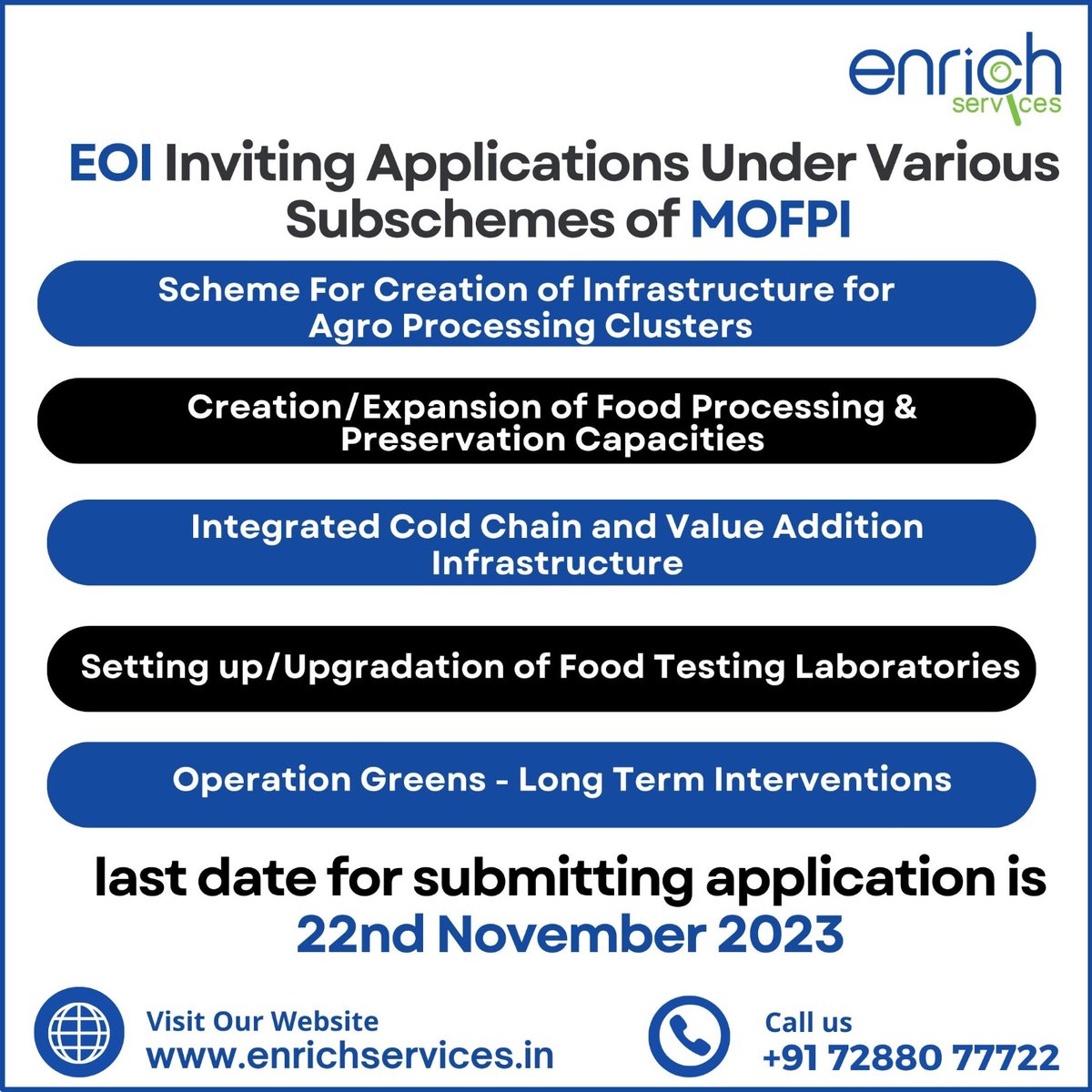 enrich_services's tweet image. We&apos;re thrilled to announce that &quot;#MOFPI&quot; is inviting proposals for #FinancialAssistance to set up Infrastructure Projects in the #FoodProcessingSector. 

For guidance &amp;amp; support:
☎️ Subsidy: +91 7288077722
🌐 enrichservices.in/l/mofpi/food-p…