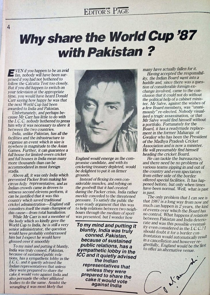 1987 :: Mansoor Ali Khan Pataudi Writes In Sportsworld That India Should Not Co-Host The Cricket World Cup With Pakistan