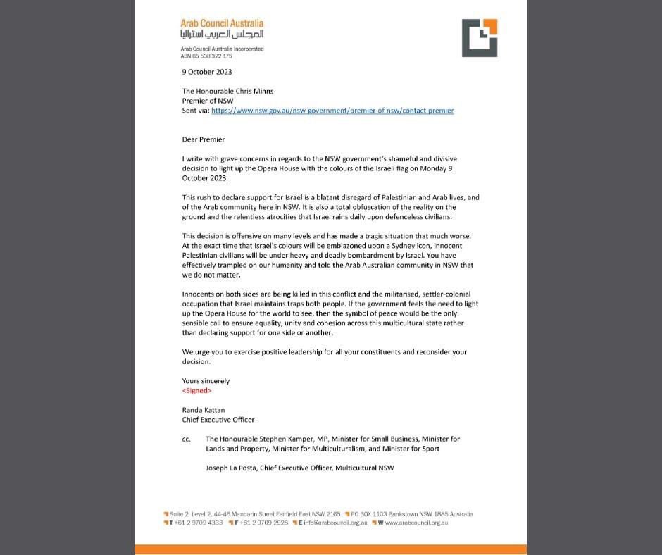Arab Council Aust (@arabcouncilau) on Twitter photo Letter to the NSW Premier <a href="/ChrisMinnsMP/">Chris Minns</a> re the state government’s decision to light up the opera house later this evening. Highly divisive. Letter to the NSW Premier <a href="/ChrisMinnsMP/">Chris Minns</a> re the state government’s decision to light up the opera house later this evening. Highly divisive.