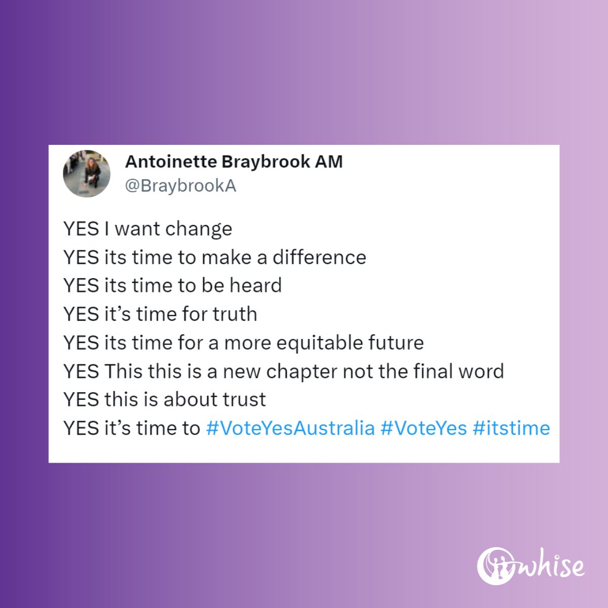 WHISE (@whisewomen) on Twitter photo YES. It's time for change.
On Saturday, 14 October 2023, Australians will have a referendum on whether to change the Constitution to recognise the First Peoples of Australia by establishing a body called the Aboriginal and Torres Strait Islander Voice. YES. It's time for change.
On Saturday, 14 October 2023, Australians will have a referendum on whether to change the Constitution to recognise the First Peoples of Australia by establishing a body called the Aboriginal and Torres Strait Islander Voice.