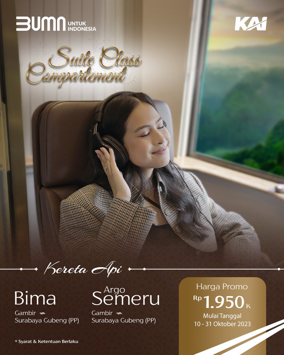 KAI121's tweet photo. Kereta Suite Class Compartment Dirangkaikan di KA Bima dan Argo Semeru ✨

Ini kan, official announcement yang kalian tunggu-tunggu? Kereta Suite Class Compartment yang lagi viral banget ini, diumumkan akan beroperasi di rangkaian KA Bima dan Argo Semeru. 🥳

KA Bima adalah layanan kereta eksekutif yang melayani rute Gambir-Surabaya Gubeng (pp) via Yogyakarta, dengan keberangkatan dari Stasiun Gambir pukul 17.00 dan dari Surabaya Gubeng pukul 19.20. Kereta Suite Class Compartment ini, mengingatkan akan layanan KA Bima yang dulu pernah ada di era 1960 - 1980-an.

Sementara KA Argo Semeru adalah kereta eksekutif dengan rute Gambir-Surabaya Gubeng (pp), dengan waktu perjalanan pagi hari. Dari Stasiun Gambir jam 06.20 dan dari Stasiun Surabaya Gubeng jam 09.05. Dengan KA ini, pelanggan dapat menikmati pemandangan dari dalam kereta Suite Class Compartment.

Selama perjalanan dengan kereta Suite Class Compartment, pelanggan akan dimanjakan dengan berbagai layanan dan experience, seperti: kursi penumpang yang canggih dan dapat disesuaikan dengan kebutuhan, passenger entertainment display, layanan makanan berupa: hidangan pembuka (appetizer), hidangan utama (main course), hidangan penutup (dessert), aneka minuman dan berbagai layanan "Sultan" lainnya.

Yang nggak kalah menarik, ada periode promo tiketnya juga loh! Mulai tanggal 10-31 Oktober 2023, kalian bisa pesan tiketnya dengan harga Rp1.950.000,- aja, kalian sudah bisa menikmati perjalanan ala sultan di kereta Suite Class Compartment.

Nah, kalian setuju nggak kalau Railmin buatin video trip experience naik kereta sultan ini? Tulis pendapatmu di kolom komentar ya!

#KAI121
#SuiteClassCompartment
#AyoNaikKereta
#KABima
#ArgoSemeru
#KeretaApi