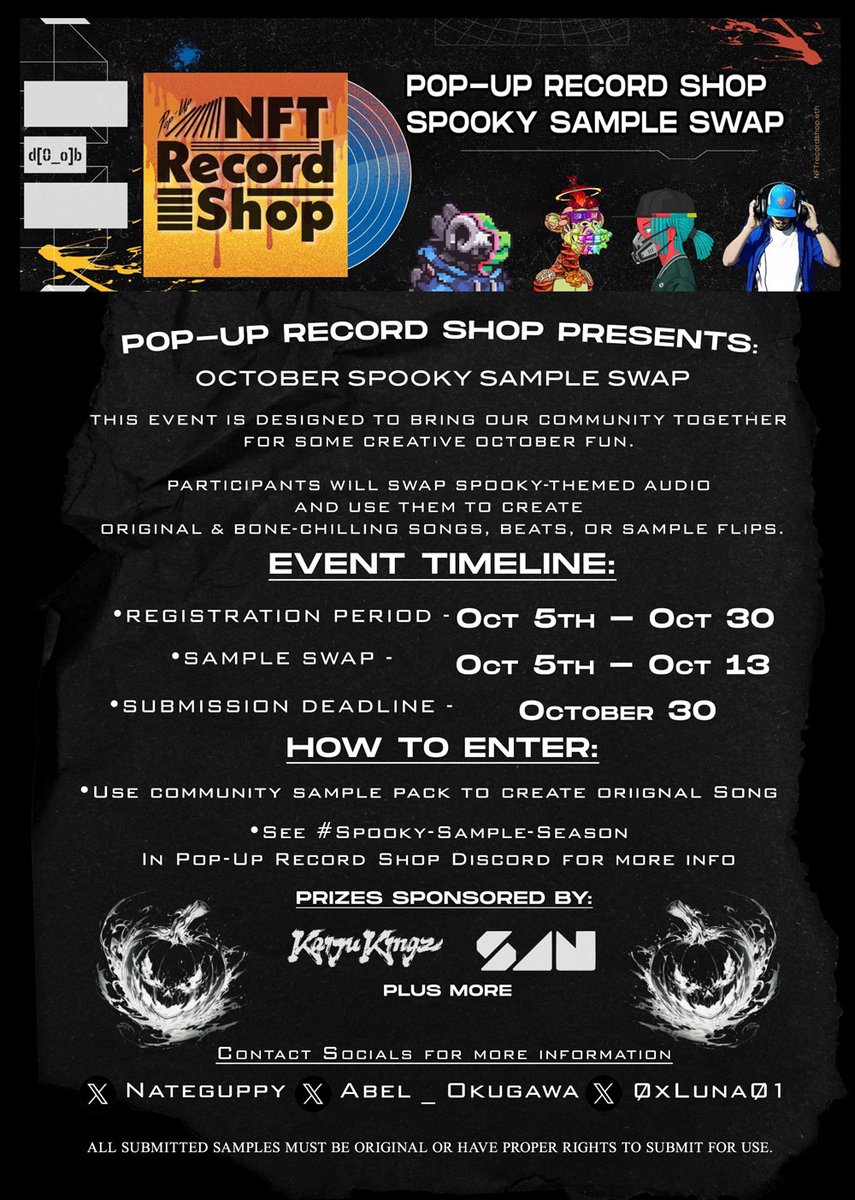 🎧 - Web3 MUSIC 
<a href="/nftrecordshop/">NFTRecordShop</a> and I a
are hosting the Spooky Sample Swap!🎃🎶

👻But wait, there's more...

•MUSIC COMPETITION
•Sponsored Prizes
•Community Sample Pack
•You get to work with audio from multiple artists in our circle

For the artists, by the artists. 🎵