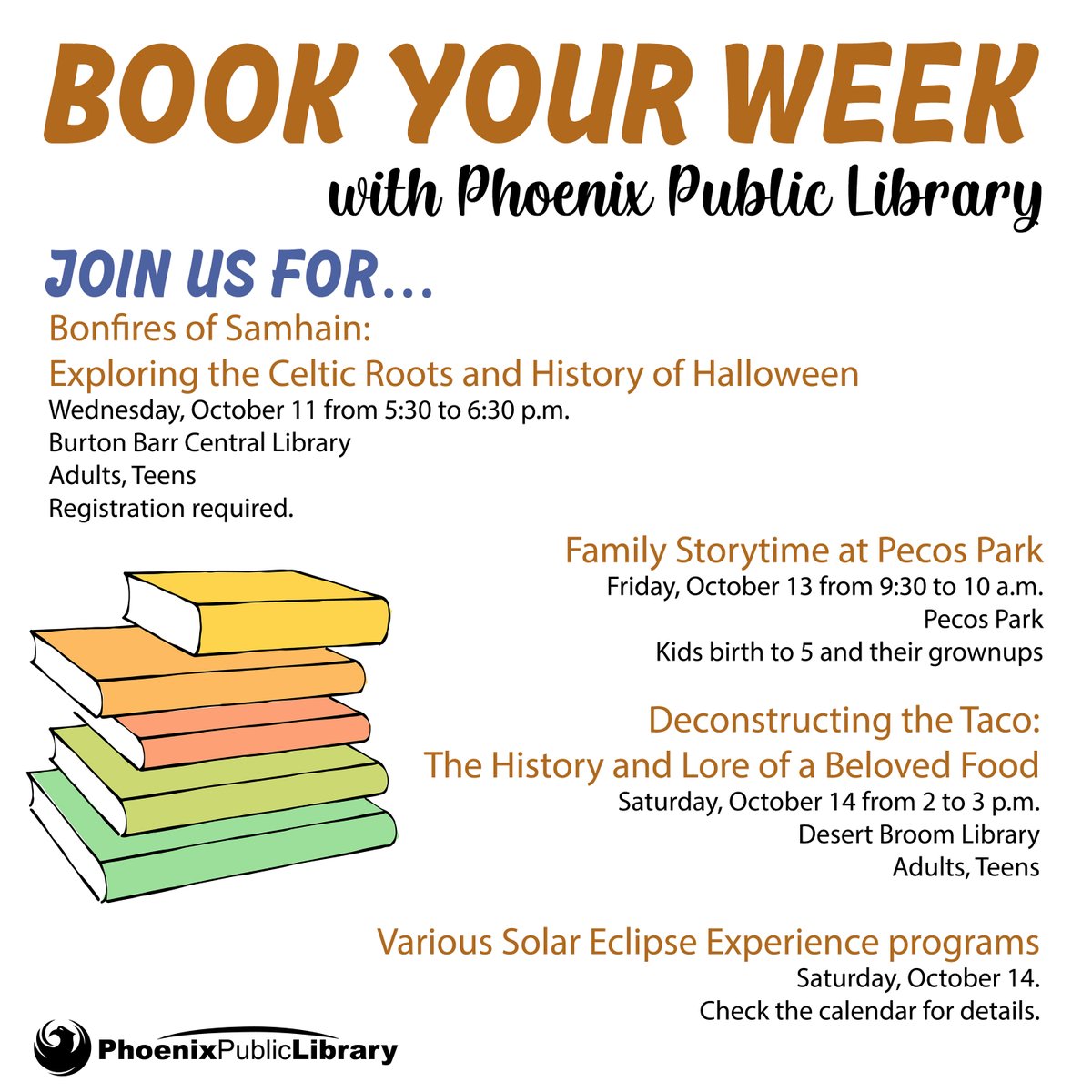 PhxLibrary's tweet photo. What's going on at @PhxLibrary? 📅 Here are just some of the great, free events happening this week. You’ll find fun programs for all ages &amp; interests @ one of our 17 locations. Check the online calendar to browse the entire schedule &amp; #BookYourWeek. https://t.co/7UDEQp6H5j https://t.co/AFNa3l3IYC