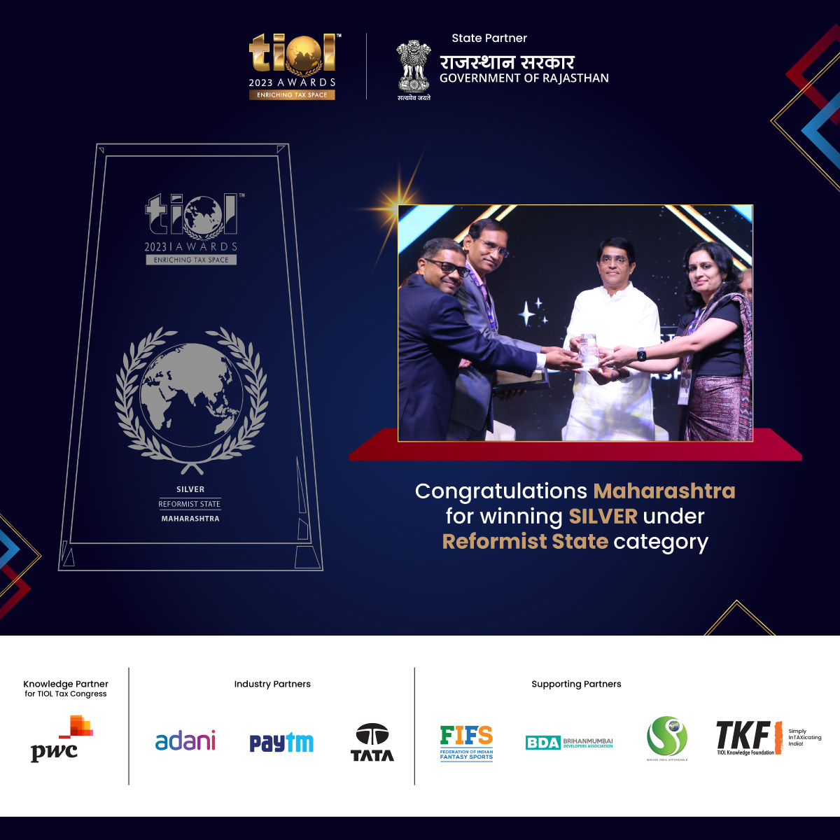 TiolAwards's tweet photo. TIOL Knowledge Foundation congratulates Maharashtra for winning SILVER under Reformist State category. @CMOMaharashtra @maha_governor @BugganaRaja @PwC_IN @AdaniOnline @Paytm @TataMotors @FIFS_Official @BDAmumbaitweets @signatureglobal @OakbridgePub @gautammehra99 @TIOLshailendra https://t.co/BTtUOgUdAg