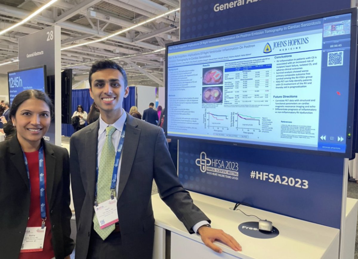 So proud of Dr. Yash Maniar presenting his work at #HFSA2023 on right ventricular imaging phenotype and outcomes in cardiac sarcoidosis🫀with mentorship from Dr. Paul Scheel and Dr. Nisha Gilotra #strongcope 💪❤️