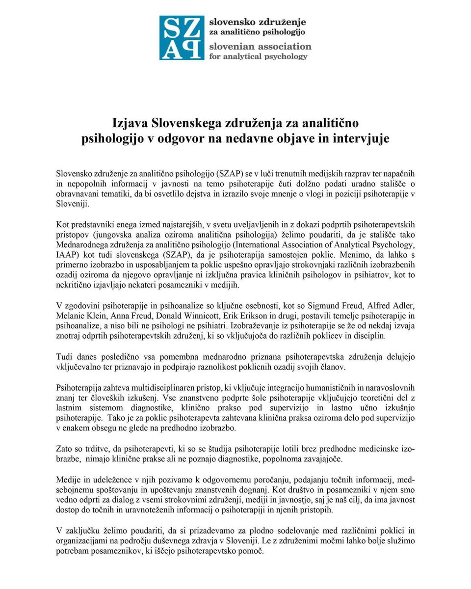 jurevranicar's tweet photo. Uradna izjava Slovensko združenje za analitično psihologijo - SZAP, katerega član sem, v luči nedavnih objav in prispevkov v povezavi z zakonom o psihoterapiji!

#psihoterapija https://t.co/l8ljkBBIHU