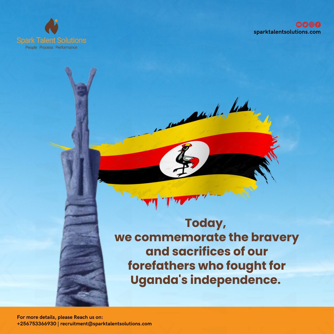 sparkTsolutions's tweet image. Today, we commemorate the bravery and sacrifices of our forefathers who fought for Uganda&apos;s independence. May this day be a reminder of unity, progress, and growth as we continue to shape a brighter future #UgandaAt61 #Sparktalentsolutions