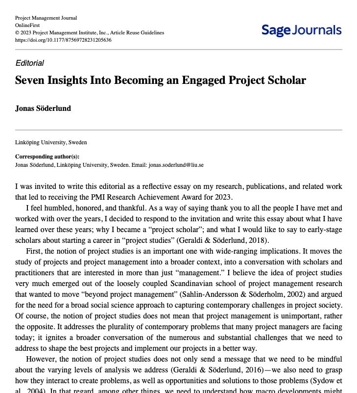 Företagsekonomi (@liu_iei_fek) on Twitter photo "Seven Insights Into Becoming an Engaged Project Scholar" by <a href="/ProfSoderlund/">Jonas Söderlund</a> is out in <a href="/PMJ_editors/">Project Management Journal</a> buff.ly/3PZEyeF #FEKpub2023 #openaccess #PhDchat "Seven Insights Into Becoming an Engaged Project Scholar" by <a href="/ProfSoderlund/">Jonas Söderlund</a> is out in <a href="/PMJ_editors/">Project Management Journal</a> buff.ly/3PZEyeF #FEKpub2023 #openaccess #PhDchat