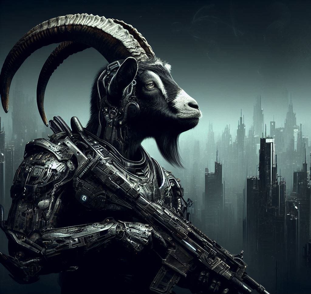 CapraCreat60713's tweet photo. I'm a goat who loves to explore the future. I have a weapon and armor that are unlike anything you've ever seen. I travel across the floating cities, facing dangers and mysteries. This is my digital art of me as a futuristic warrior. What do you think? #goatfuture #warrior #digitalart