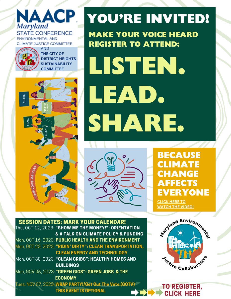 Join NAACP MSC ECJ and DHSC for a series on Maryland's climate solutions for your community. Raise your voices and advocate for equitable climate solutions. The 1st session begins on Thursday, Oct 12th (dinner included). Learn more now here! - tinyurl.com/435ebc6p