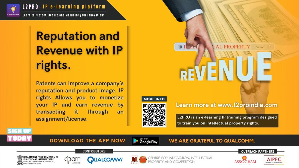 l2pro_india's tweet photo. Patents can improve a company’s reputation and #productimage. #IPrights allow you to monetize your IP and earn revenue by transacting it through an assignment/license.
#l2pro #L2ProIndia #startups #innovation #IPR #qualcomm https://t.co/XXBCupfG71
