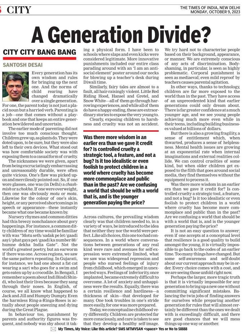 On some dilemmas of parenting. Today in the TOI