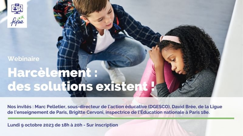 Ce lundi 9 octobre, la #FCPE organise un webinaire gratuit ouvert à tous (même les non adhérents) sur le harcèlement à l’école de 18h à 20h. Inscrivez-vous par ici : bit.ly/46wzRhY