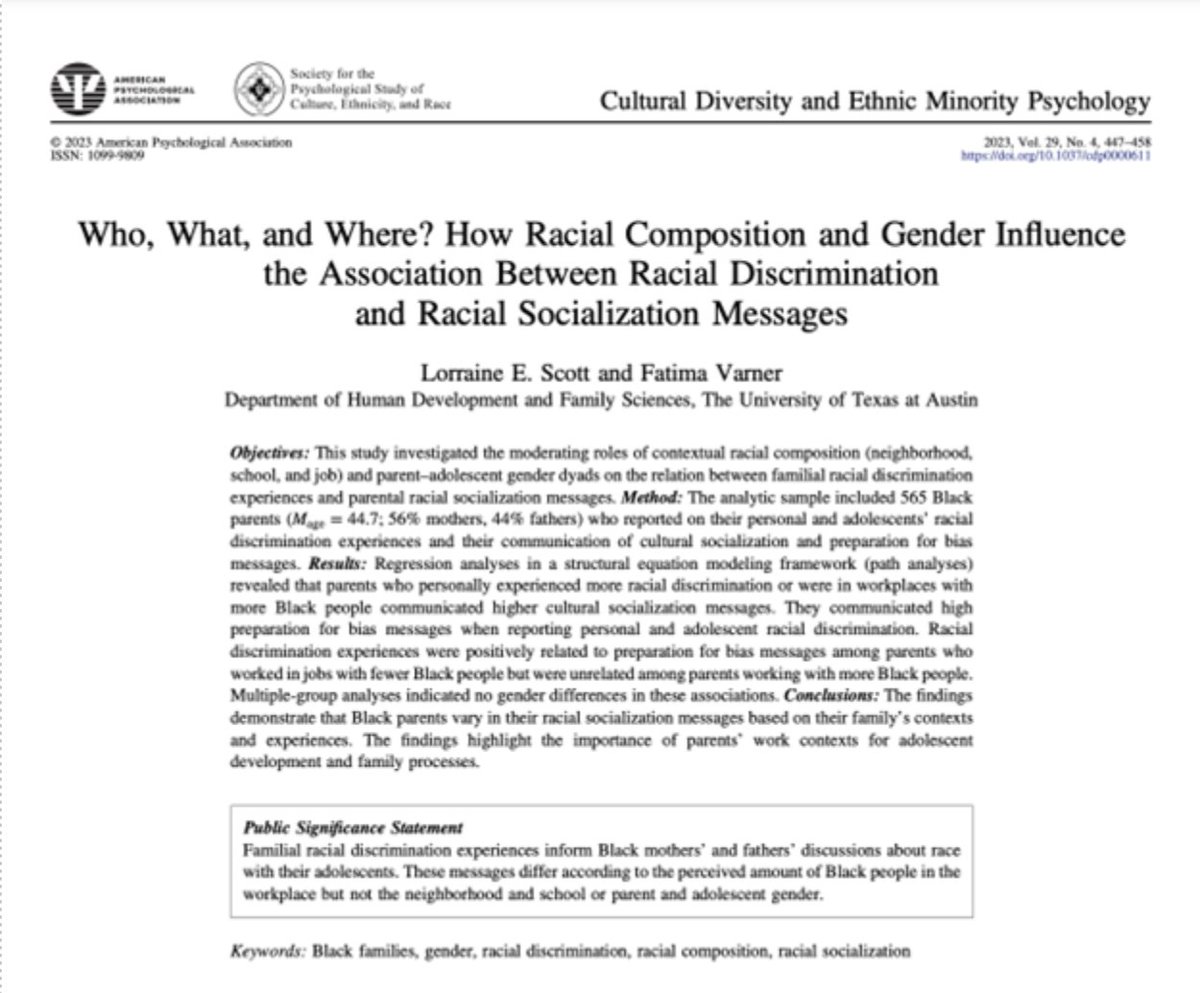 prof_suyeongkim's tweet image. @Lorraine_Scott1 and @profFV found that among Black parents who worked with fewer Black people, discrimination experiences were related to racial bias messaging @APA_Journals

psycnet.apa.org/record/2023-85…