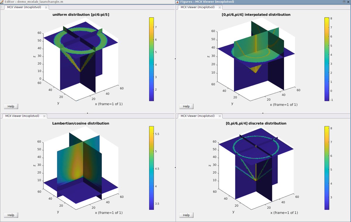 FangQ's tweet photo. Check out the github version of #mcxlab - one can now define arbitrary launch angle distribution for any source (point or area)!
you can even choose to create continuous or discrete angles from the user-defined distribution (inv(CDF(theta/pi)))
example:
https://t.co/zYckdAOqem https://t.co/RZE1cHSvfo