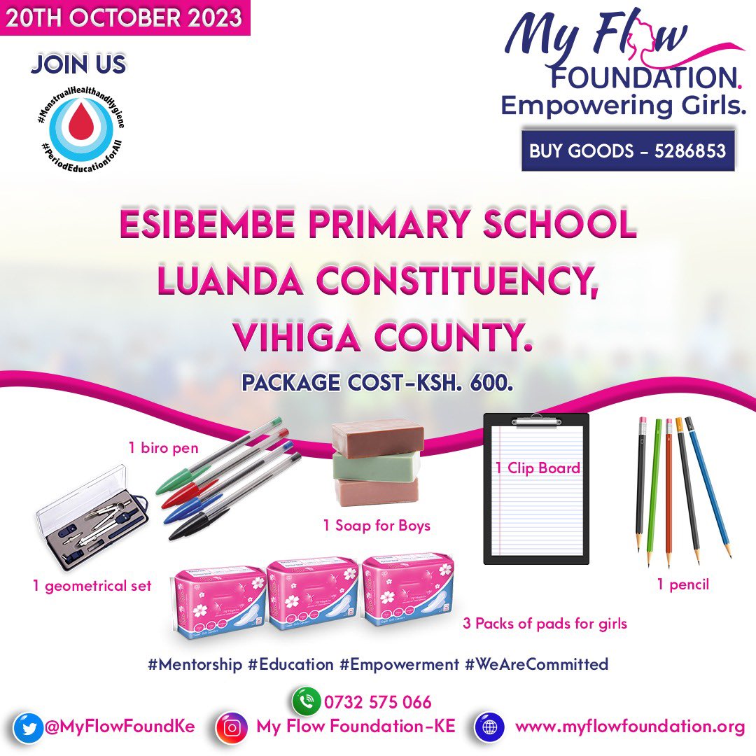 On 20th October 2023, we will be having a conversation with KCPE candidates at my village backyard. We are also looking to share a package containing clipboards, geometrical sets, pens, pencils and 3packs of pads for girls and a bar soap for boys. A package costs Ksh. 600/-