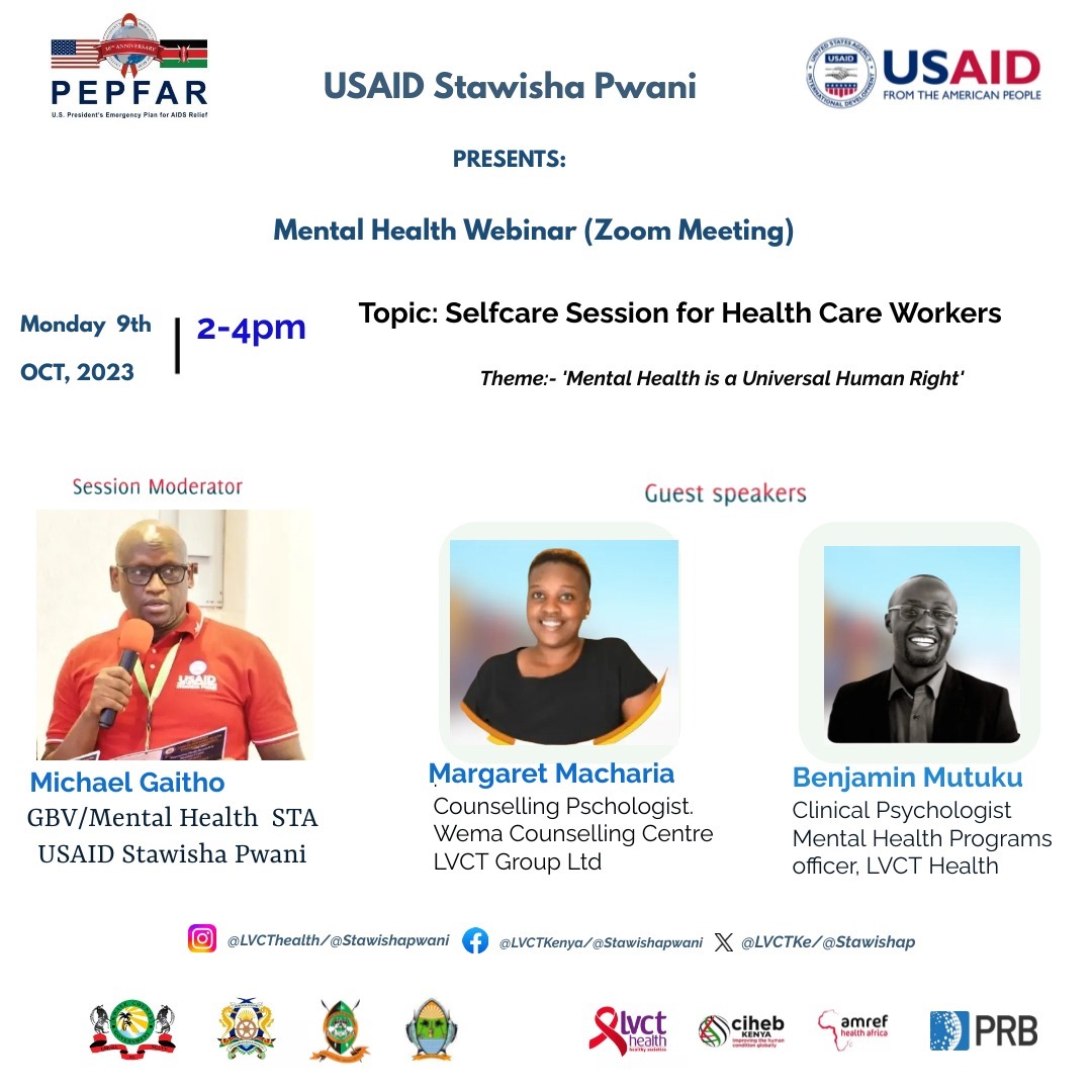 📢USAID Stawisha Pwani is inviting you to a scheduled Zoom meeting. Topic: Mental Health Webinar: Caring for the Carer (Self Care) Time: 02:00 PM Nairobi Date: 9th Oct 2023 (TODAY) Join Zoom Meeting us02web.zoom.us/j/82909943678?… Meeting ID: 829 0994 3678 Passcode: 580172