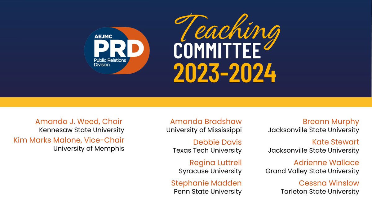 AEJMC_PRD's tweet photo. This year, the @AEJMC_PRD Teaching Committee will enhance its commitment to teaching support programs. This work is possible through an amazing team of PRD members committed to PR teaching/research. Stay tuned to #PRProfChat for updates. https://t.co/O3XivU9IrV