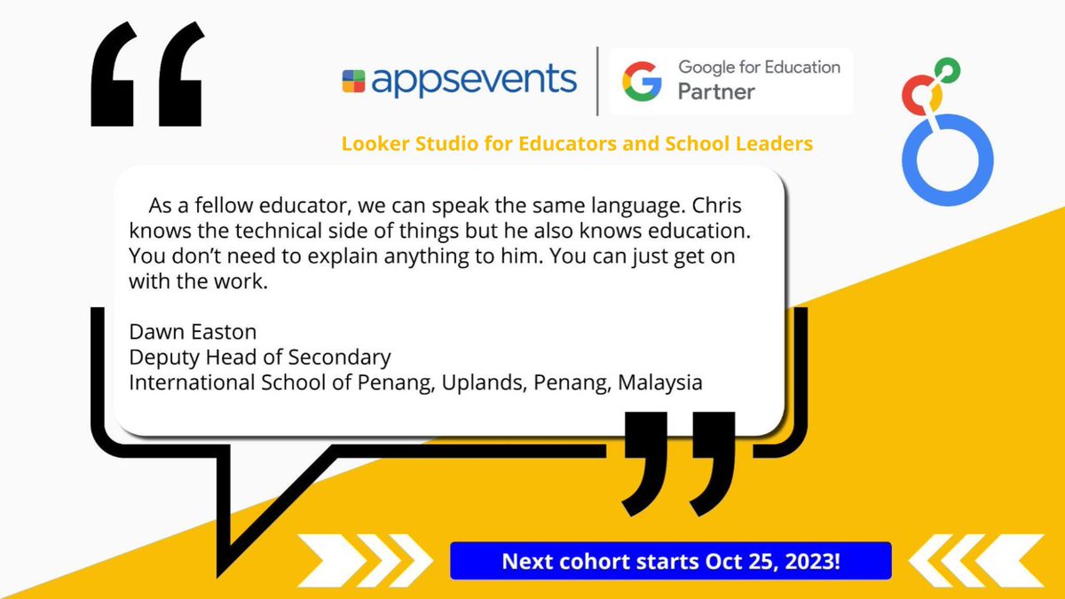 Join our cohort of like-minded educators and get free access to our beginner's course. Get an additional 10% off if you join as a group of 3 or more! appsevents.com/looker-studio