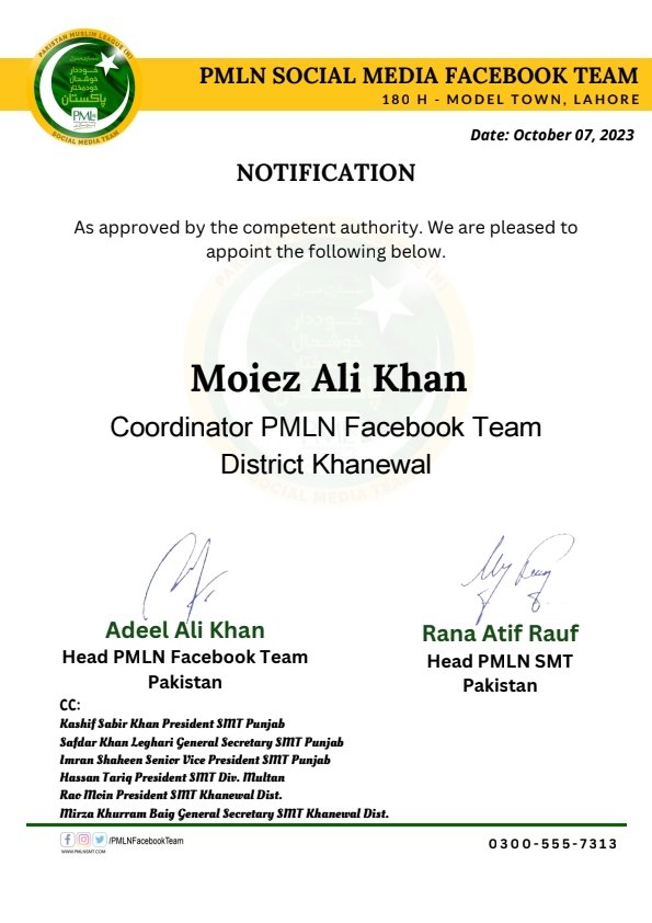 As approved by the SVP & CO of PMLN @MaryamNSharif , I am pleased to appoint the following.
@Atifrauf79 
@KashifSabir 
@imshee67
@hassantariq_1 
@RaoMoin4 
@mirzakb99