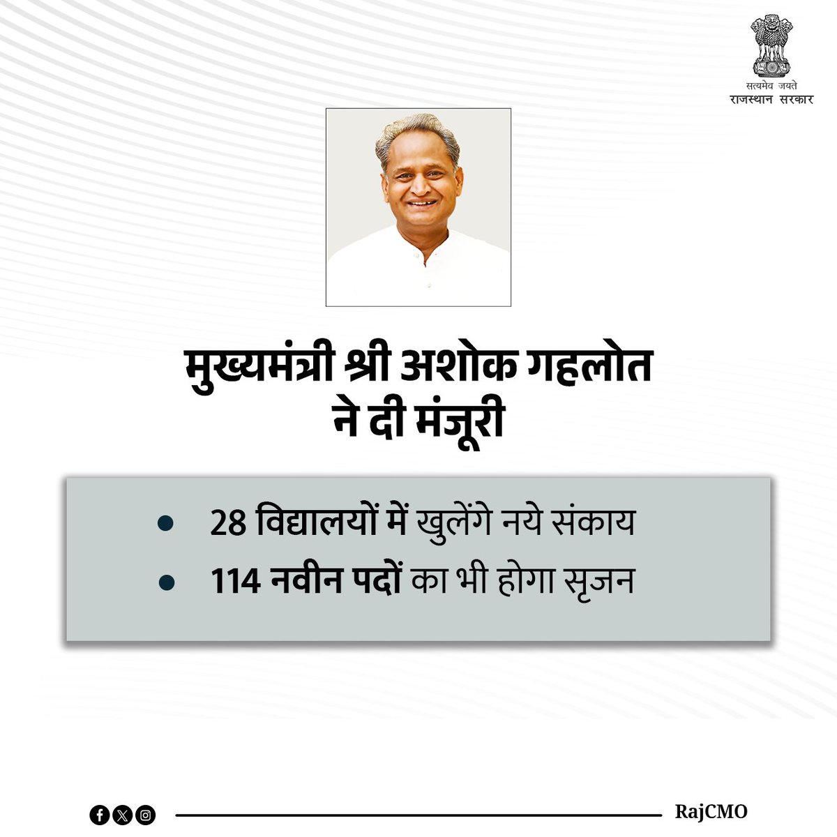 मुख्यमंत्री श्री <a href="/ashokgehlot51/">Ashok Gehlot</a> ने 28 विद्यालयों में नवीन संकाय खोलकर 114 नवीन पदों के सृजन की स्वीकृति दी है।
