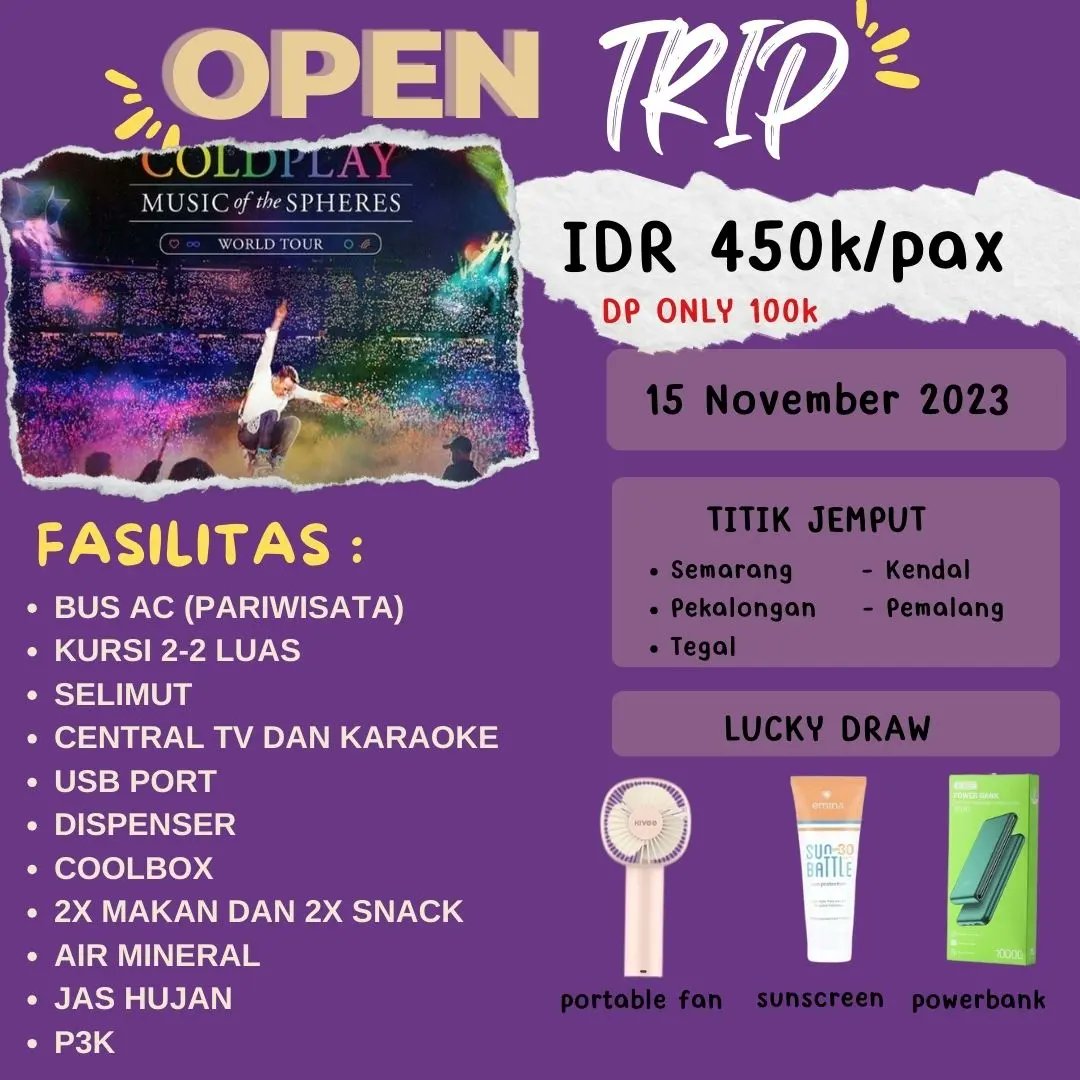 ameristrip's tweet photo. Ameris Trip Goes To COLDPLAY IN JAKARTA 

IDR 450.000/pax

DP minimal IDR 100.000/pax

Tanggal Konser : 15 November 2023

More info : DM 🥰 https://t.co/HDsMSiIaDy