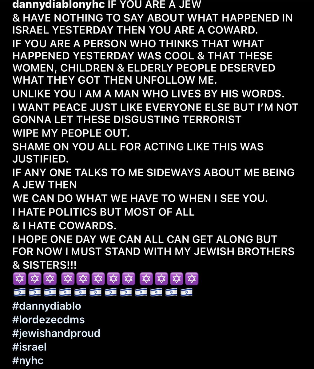 DannyDiablo's tweet photo. UNFOLLOW ME IF YOU ARE DOWN WITH WHAT HAPPENED IN ISRAEL.
THOSE ARE TERRORISTS &amp; THEY ALL NEED TO BE DESTROYED!!!
SAD WORLD WE LIVE IN. 
COWARDS!!! https://t.co/BRJEO7hwKZ