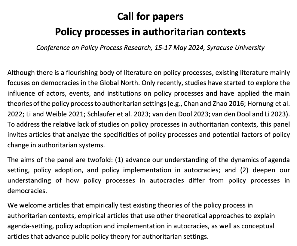 📢 Final call for papers for panel on policy processes in authoritarian contexts that <a href="/CSchlaufer/">Caroline Schlaufer</a> and I are organizing for <a href="/PolProcessRsch/">Conference on Policy Process Research</a>. Deadline October 10. More information below.