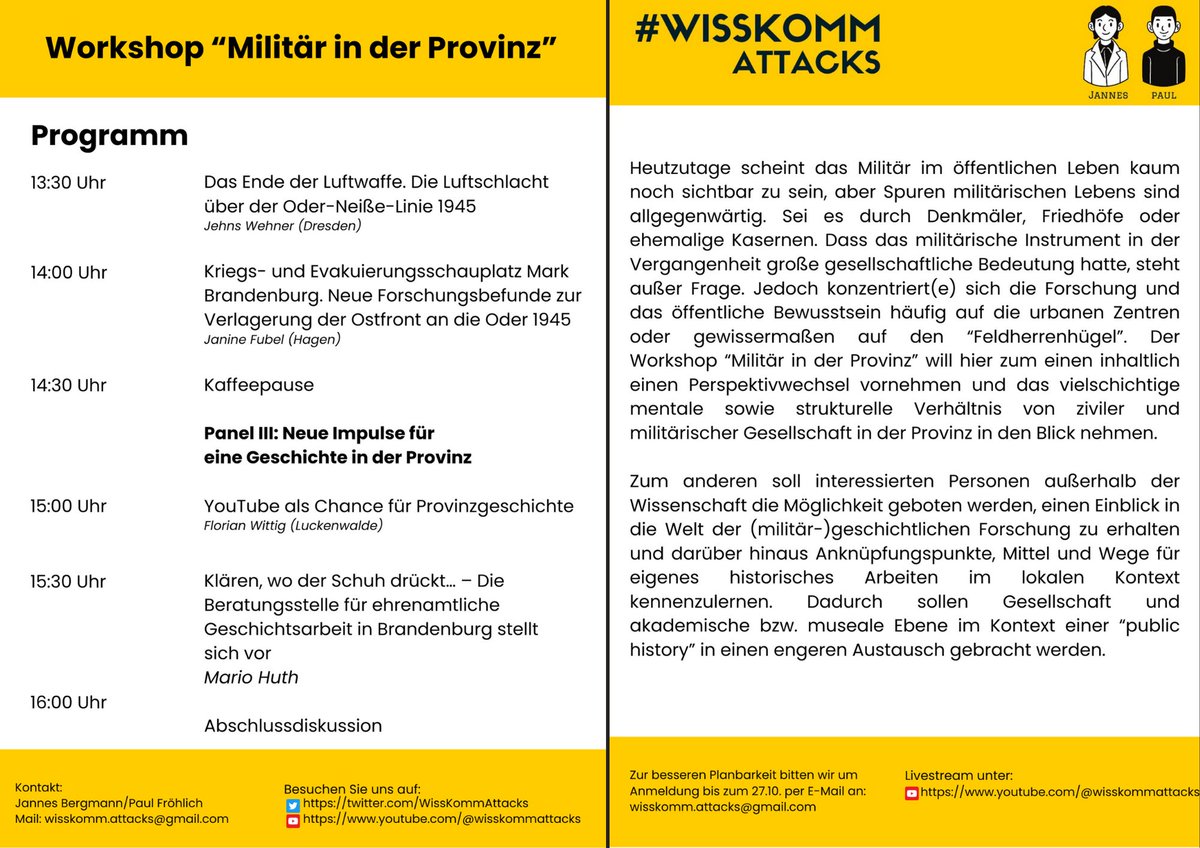 Nun ist es endlich soweit und wir haben das Tagungsprogramm für unseren ersten Workshop "Militär in der #Provinz" fertig. Wer also am 3.11. noch nichts vor hat und #Cottbus besuchen möchte, ist herzlich eingeladen! Alle weiteren Infos im Flyer. 👇

#Militärgeschichte #WKAProvinz