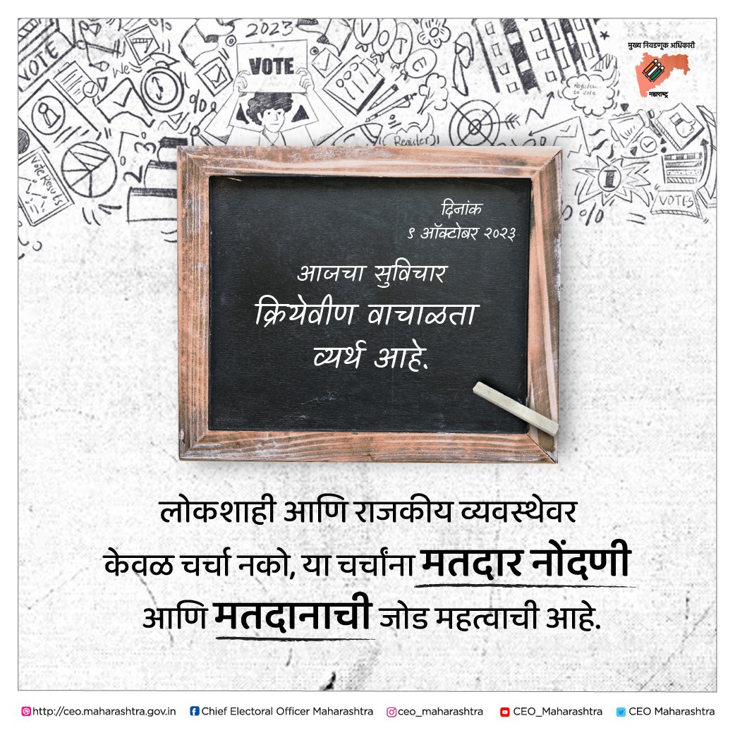 CEO_Maharashtra's tweet photo. #आजचा_सुविचार

#mondaymotivation #motivation #सुविचार #सोमवार #suvichar #goodthoughts #inspiration #quotes #today #todaypost #fyp #foryou #postoftheday #ceo #ceomaharashtra #eci #ecisveep #maharashtra #voting #work #votingpower #vote #voteright #Instagram #insta #mumbai #India https://t.co/k2CxXhe6yp