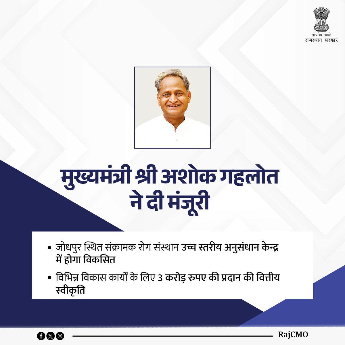 मुख्यमंत्री श्री <a href="/ashokgehlot51/">Ashok Gehlot</a> ने जोधपुर स्थित संक्रामक रोग संस्थान को उच्च स्तरीय अनुसंधान केन्द्र में विकसित करने के द्वितीय फेज में विभिन्न विकास कार्यों के लिए 3 करोड़ रुपए की वित्तीय स्वीकृति प्रदान की है।
