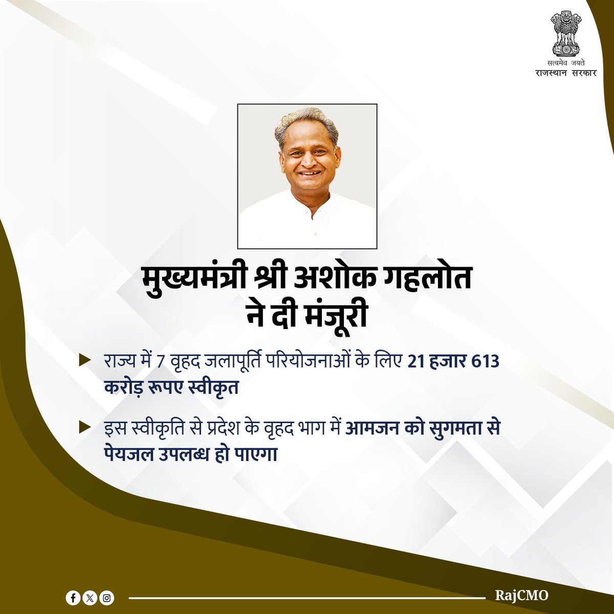 मुख्यमंत्री श्री <a href="/ashokgehlot51/">Ashok Gehlot</a> ने प्रदेश के विभिन्न क्षेत्रों में 7 वृहद जलापूर्ति परियोजनाओं के लिए 21 हजार 613 करोड़ रूपए के वित्तीय प्रस्ताव को मंजूरी दी है।