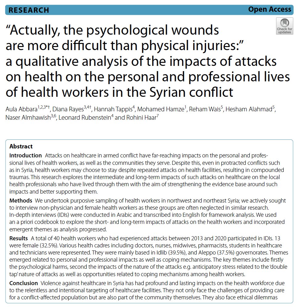 Syria Public Health Network (@healthsyria) on Twitter photo #Attacksonhealth in #Syria continue to this day - including with the current escalation in #Idlib
Here, authors from <a href="/sams_usa/">sams_usa</a> & <a href="/UCBerkeley/">UC Berkeley</a> <a href="/JohnsHopkinsSPH/">Johns Hopkins Bloomberg School of Public Health</a> explore the impacts of such attacks on #healthcare workers - including 'double-tap' attacks favoured by #Russia
👇👇 #Attacksonhealth in #Syria continue to this day - including with the current escalation in #Idlib
Here, authors from <a href="/sams_usa/">sams_usa</a> & <a href="/UCBerkeley/">UC Berkeley</a> <a href="/JohnsHopkinsSPH/">Johns Hopkins Bloomberg School of Public Health</a> explore the impacts of such attacks on #healthcare workers - including 'double-tap' attacks favoured by #Russia
👇👇