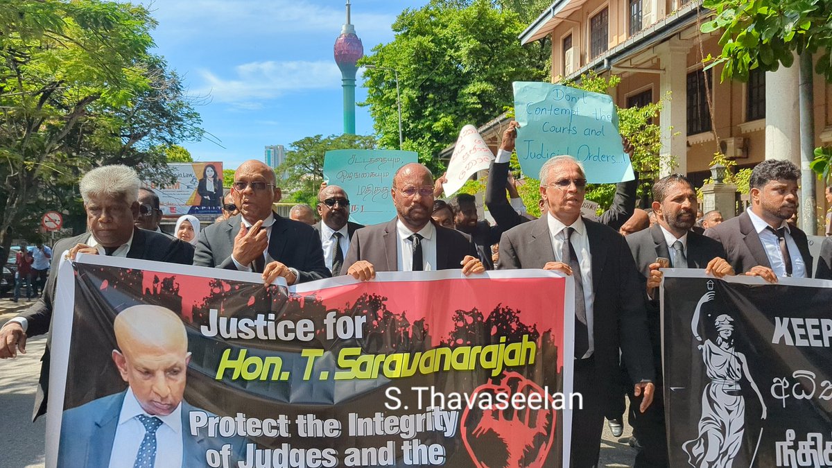 ShanmugamThava2's tweet photo. A Large amount of Lawyers representing all the Districts including the Northern and Eastern side of Sri Lanka has conducted a Protest in front of the Supreme Court of Sri Lanka and Demanded Justice for Hon. T. Saravanarajah.
#we_wont_justice https://t.co/mbwWmBPVUo