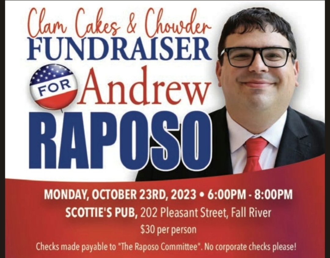 Clam Cakes and Chowder Fundraiser for Fall River City Councilor Andrew Raposo Monday, October 23rd, 2023, 6 pm to 8 pm. See flyer for more info. Or please inbox me for additional information and tickets. #FallRiver @fallriver_ma @AndrewRapoos #Massachusetts