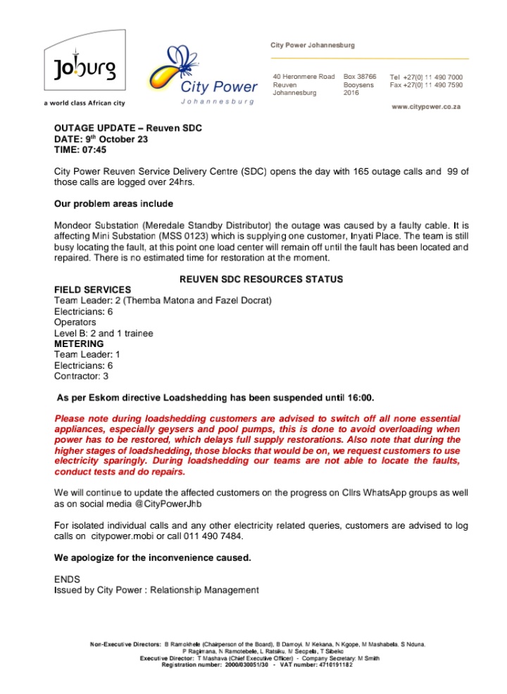 CityPowerJhb's tweet photo. #JoburgUpdates
#ReuvenSDC

Opening the day with 165 calls, 99 of them having been logged over 24hrs. 

#MondeorSubstation, update 👇. ^IM https://t.co/ZJZckm02c9