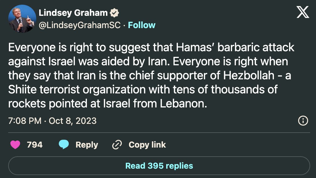 BREAKING: LINDSAY GRAHAM THREATENS U.S STRIKES ON IRAN

"Iran has 4 major refineries, and if Hezbollah attacks Israel, we will coordinate US and Israeli efforts to put Iran out of the oil business by destroying its refineries. They are our goal." 

#Palestine #Israel #Gaza