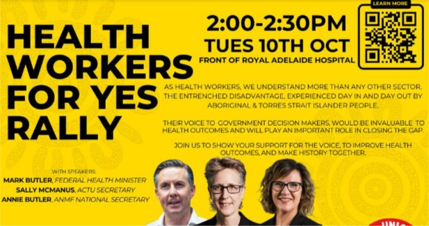 Wardliparingga (@wardliparingga) on Twitter photo Rally for #Yes23 tomorrow!
Join Federal Health Minister <a href="/Mark_Butler_MP/">Mark Butler MP</a>, ACTU Secretary <a href="/sallymcmanus/">Sally McManus</a>, <a href="/anmf_federal/">ANMF - Australian Nursing Midwifery Federation</a>'s National Secretary Annie Butler and SA Health Workers and make your VOICE heard! Rally for #Yes23 tomorrow!
Join Federal Health Minister <a href="/Mark_Butler_MP/">Mark Butler MP</a>, ACTU Secretary <a href="/sallymcmanus/">Sally McManus</a>, <a href="/anmf_federal/">ANMF - Australian Nursing Midwifery Federation</a>'s National Secretary Annie Butler and SA Health Workers and make your VOICE heard!