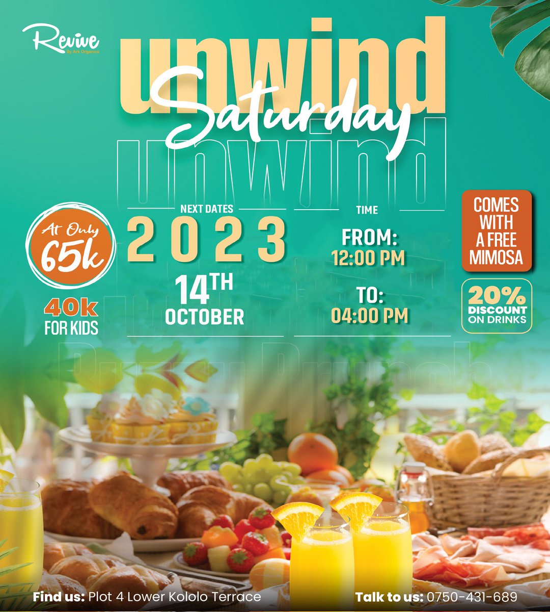 RevivebyArk's tweet photo. #UnwindSaturday is elevating the brunch experience in Kampala 🎊🙌💃🏽🎉🥳 Join us on 14th Oct for a bottomless feast for your brunch squad at just 65k for adults and 40k for kids.
Book your table now☎️0750431689
#revivebyark #WeekendUnwind #brunchinKampala #14thOct #Bottomless https://t.co/C3mnyBv8GQ