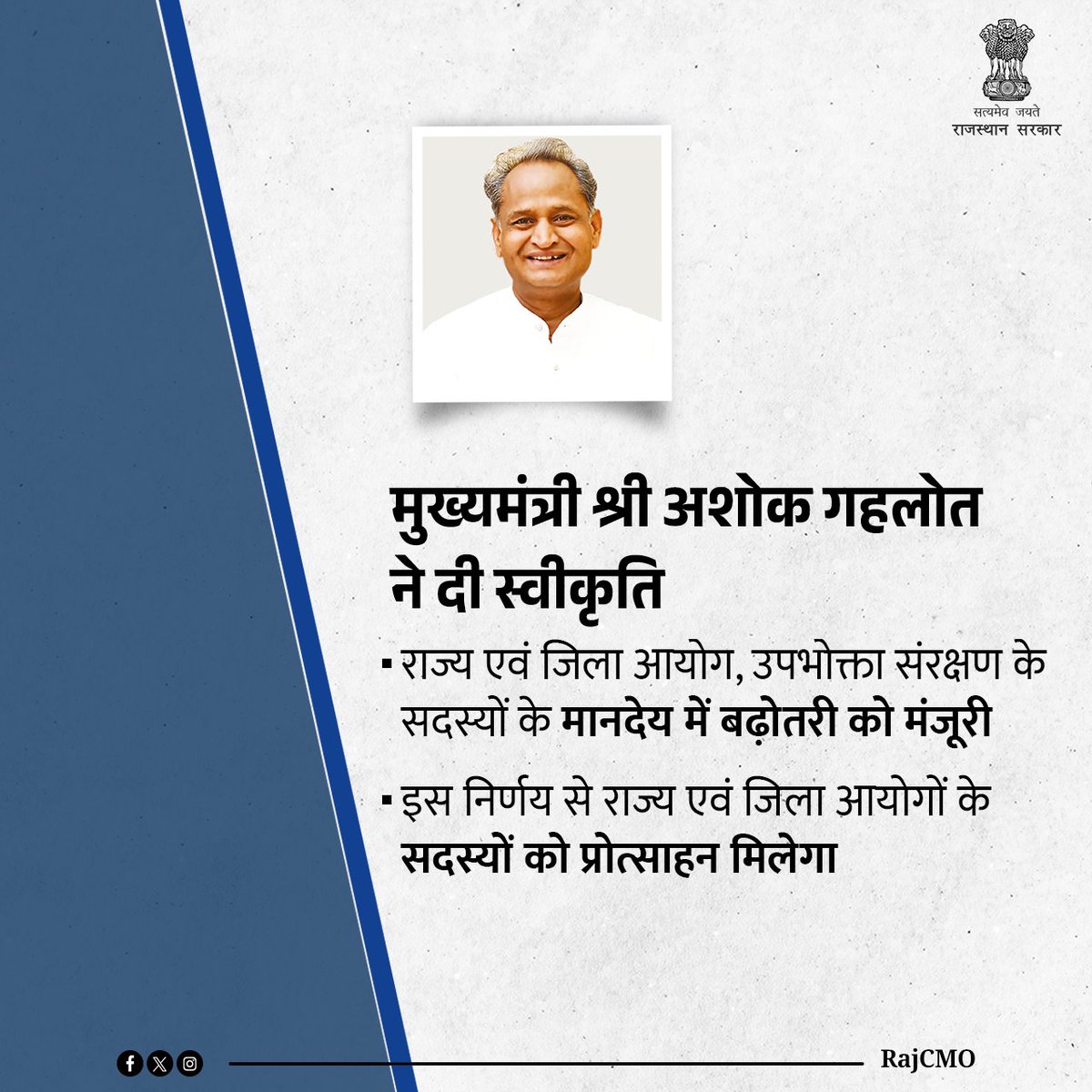 मुख्यमंत्री श्री <a href="/ashokgehlot51/">Ashok Gehlot</a> ने राज्य एवं जिला आयोगों, उपभोक्ता संरक्षण के सदस्यों के मानदेय में बढ़ोतरी के प्रस्ताव को स्वीकृति दी है।
