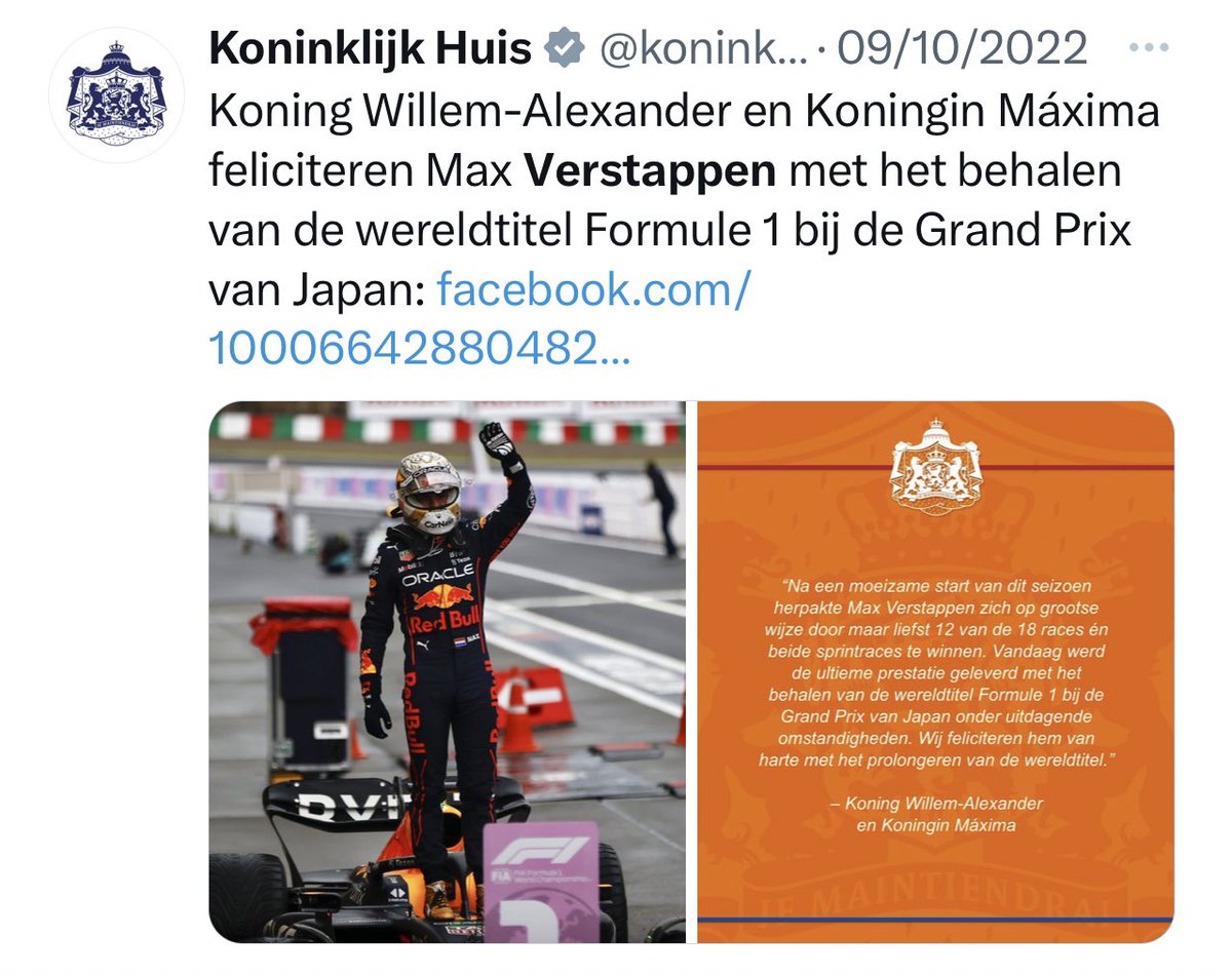 Geen felicitatie van de Vakantiekoning op socials voor @maxverstappen33 die zaterdag j.l. In Qatar wereldkampioen F1 werd. 🏆 🏎️ 

Vorig jaar wel. 

Slordig, RVD.