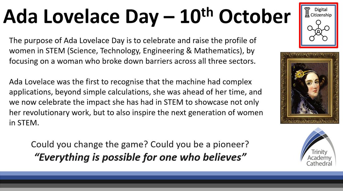ComputingTac's tweet image. This week we are celebrating Ada Lovelace Day in Y8 lessons, showcasing the pioneering work of one of the most influential female figures in STEM #AdaLovelace #STEM #TAC #Computing #EverythingIsPossible