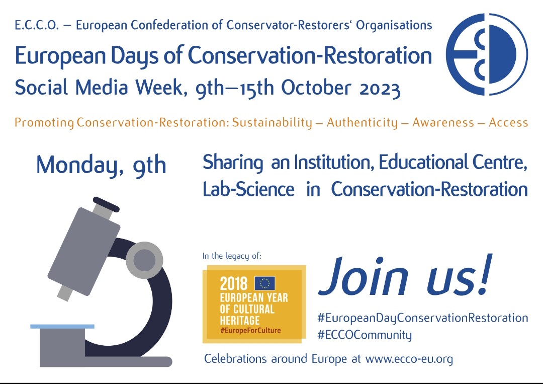 Lunes 9 de octubre
Iniciamos los Días Europeos de Conservación Restauración compartiendo Institución, Centro Educativo, Laboratorio-Ciencia en Conservación Restauración
¡Participa!
#DíaEuropeoConservaciónRestauración
#DíasEuropeosConservaciónRestauración
#ComunidadECCO
#SomosACRE
