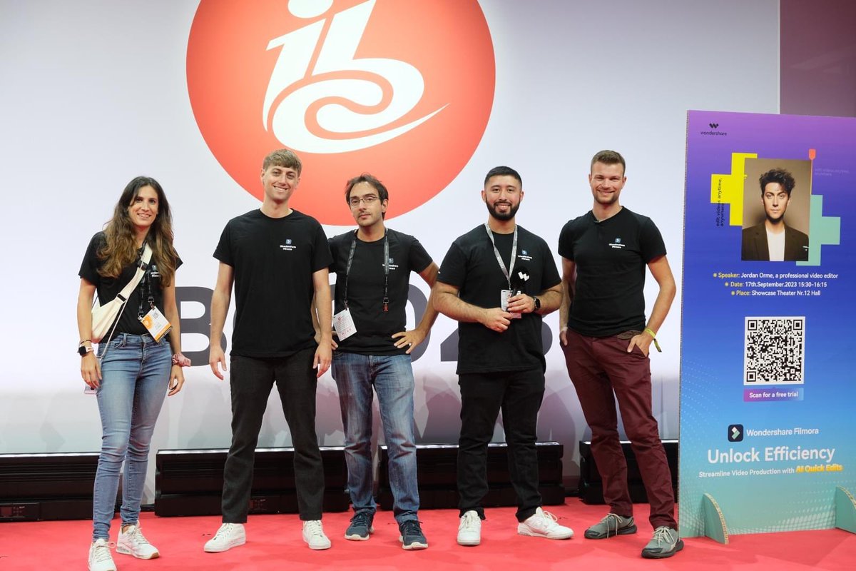Wondershare's tweet image. 🎥 #Wondershare's Filmora lights up #IBC2023! 🚀 Showcasing AI editing feats with Jordan Orme. Our Euro team & creators like #JustinBieber, #MrBeast highlighted AI's transformative role, slashing edit time by 90%! 🤖 The video future has arrived. See you next year! #Filmora