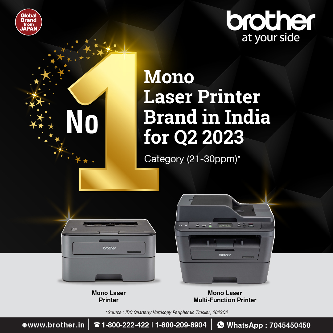 brotherindia's tweet image. #Brother is No 1 #MonoLaserPrinter Brand in India for Q2 2023 Category (21 To 30 PPM)

By IDC Quarterly Hardcopy Peripherals Tracker, 2023 Q2.

#BrotherIndia #AtYourSide #GlobalBrandFromJapan