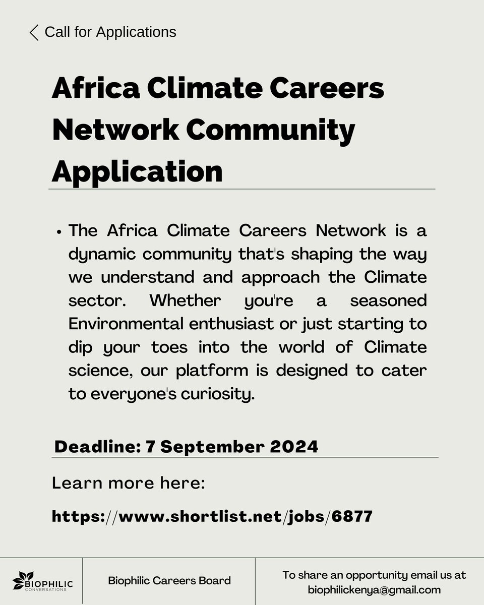 BiophilicKE's tweet image. 🌍 The Africa Climate Careers Network (ACCN) is YOUR gateway to the exciting world of Climate and Clean Energy.

🚀Apply by September 7th, 2024

Learn more here shortlist.net/jobs/6877

#BiophilicCareersBoard #ACCN #ClimateCareers #CleanEnergy #Climate #GreenCareers