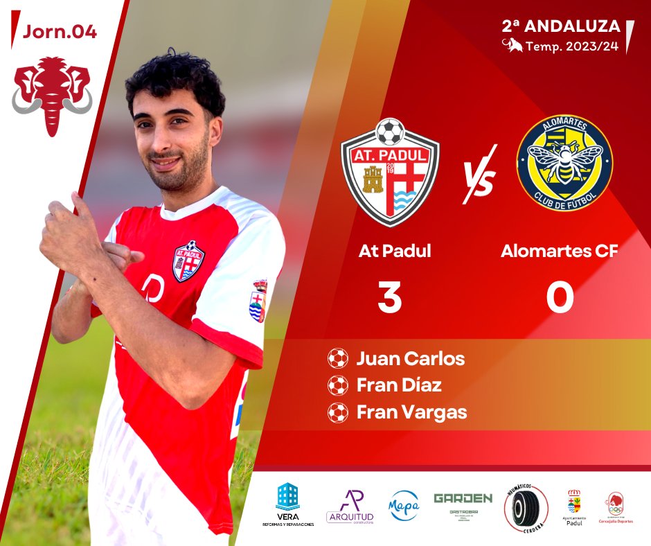 #2daAndaluza #granada
Primer triunfo de la temporada con un 3-0 ante nuestro público frente al Alomartes CF, con goles de Juan Carlos, Fran Diaz y Fran Vargas.
#Padul #futbol
