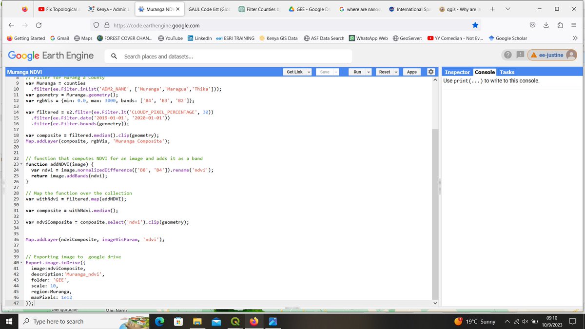 Normalized  Difference Vegetation Index of Murang'a County using sentinel-2 imagery and Google Earth engine. NDVI detects and quantifies the density of vegetation greenness, density, and health of an area using reflected light in the visible and near-infrared bands.
#GEE
#QGIS